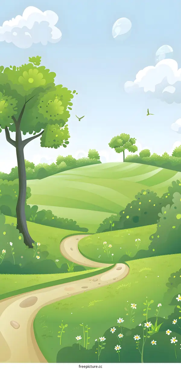 Cartoon Illustration of a Winding Path Through a Green Meadow