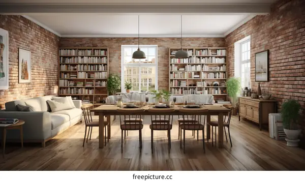 Rustic Charm in an Open-Concept Home Library and Dining Room