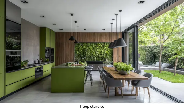 Modern Green Kitchen with Outdoor Dining Area