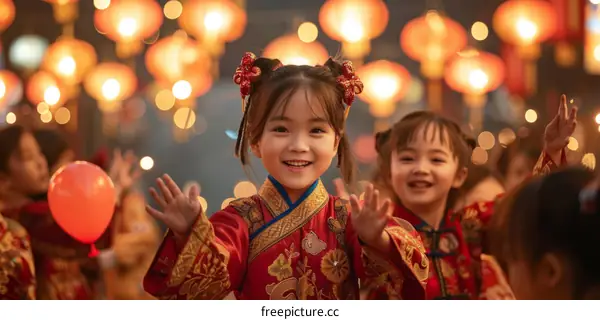 Two happy Chinese little girls in traditional Hanfu waving hands in celebration of Chinese New Year