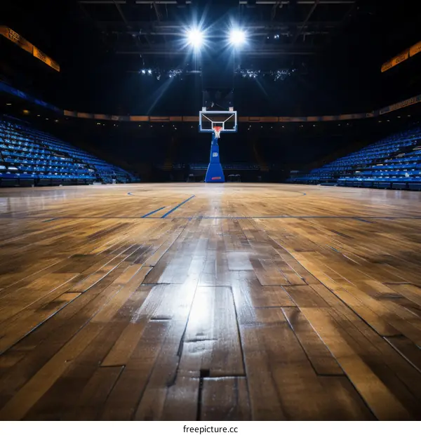 Basketball court with a single hoop and spotlights