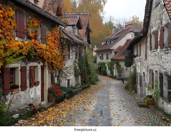 Stone Houses in Autumn Village with Red Leaves