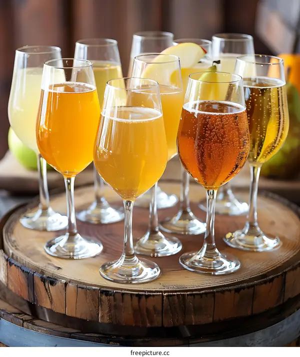 Apple Cider Tasting Glasses on Wooden Barrel