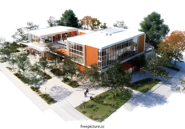 Modern Building with Outdoor Patio and Green Landscaping