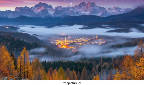 A beautiful landscape of a valley with a town in the distance surrounded by mountains and forests