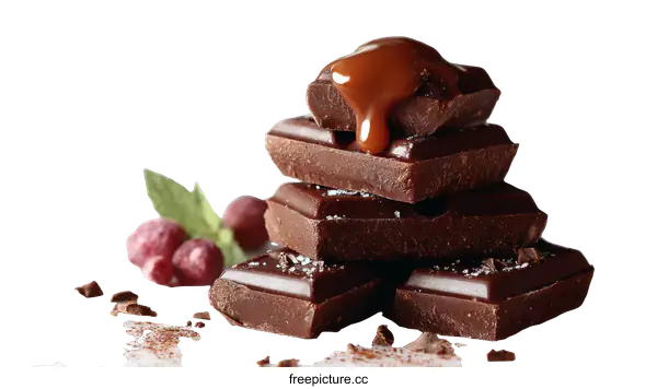 [Transparent Background PNG]Delicious Stacked Dark Chocolate Pieces with Caramel Sauce
