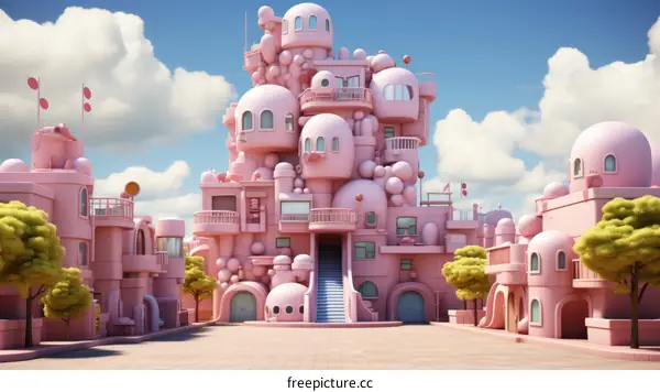 A pink city with a lot of round buildings