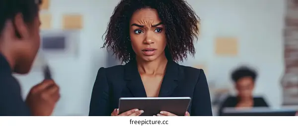 African American Woman Looking at Tablet While Talking to a Coworker