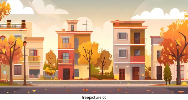 Autumn Landscape Illustration With Colorful Buildings