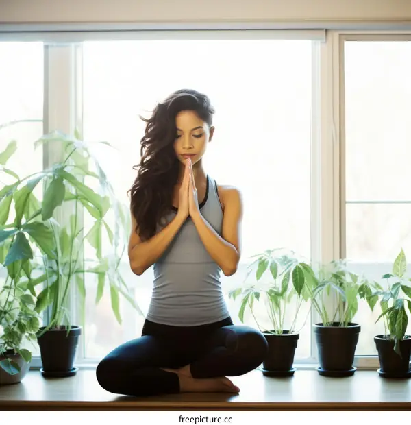 A young woman in a yoga pose sitting in front of a window