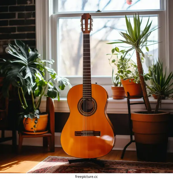 Classical Guitar and Potted Plants Near a Sunlit Window