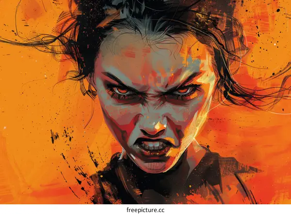 A woman with red eyes and an angry expression on her face