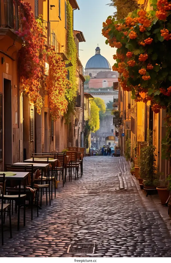 Charming narrow street in Rome with colorful autumn leaves and outdoor restaurant tables and chairs