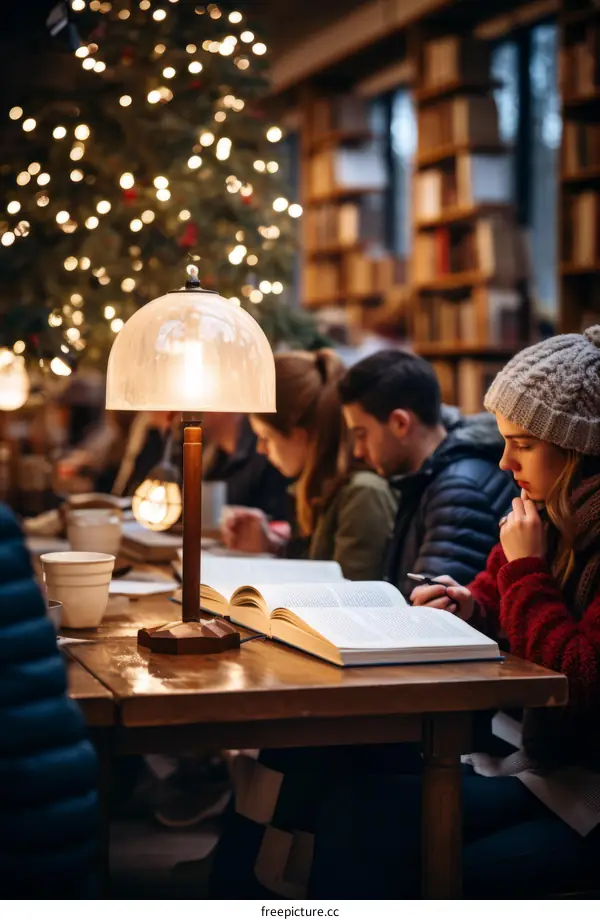 Focused young woman reading a book in a library near a Christmas tree