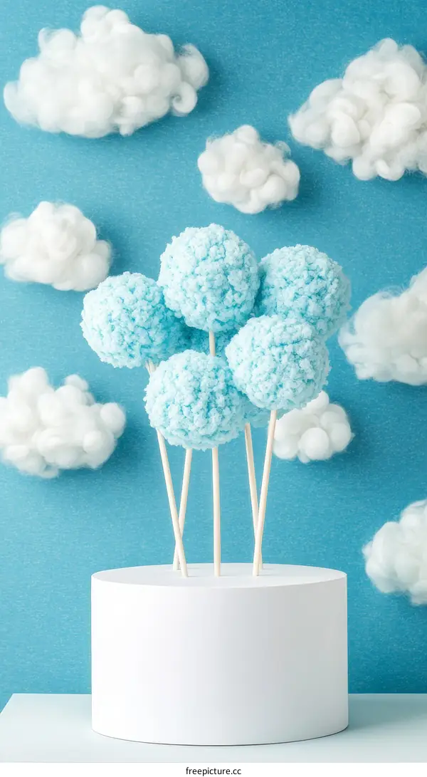 Whimsical Blue Cloud Cake Pops on a White Stand