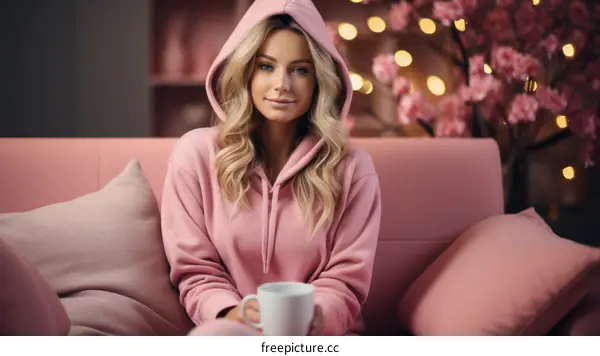 A beautiful blonde woman in a pink hoodie is sitting on a pink couch and holding a white coffee mug.