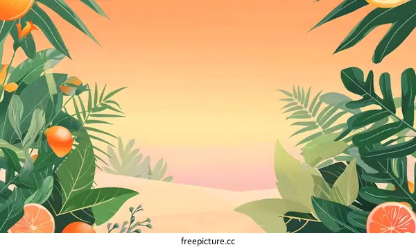 Tropical Summer Landscape Illustration With Orange Fruits and Green Leaves