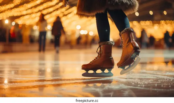 ice skating at night in the city with blurred lights in the background