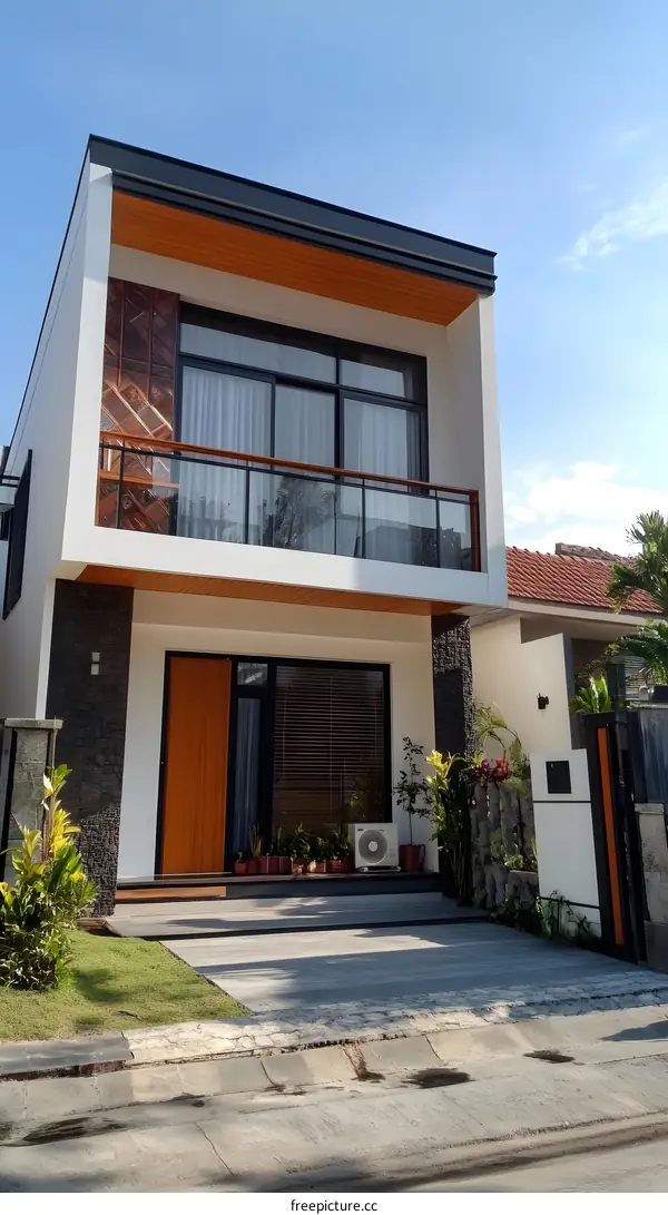 Modern Two Story House with Balcony and Wooden Door