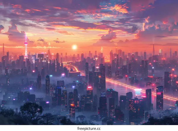 Futuristic Cityscape at Sunset