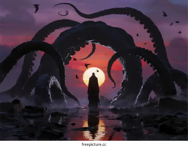 Mysterious Figure Standing Before Giant Octopus Tentacles at Sunset
