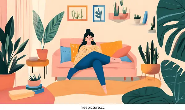 Woman Relaxing on Sofa in Cozy Living Room with Plants