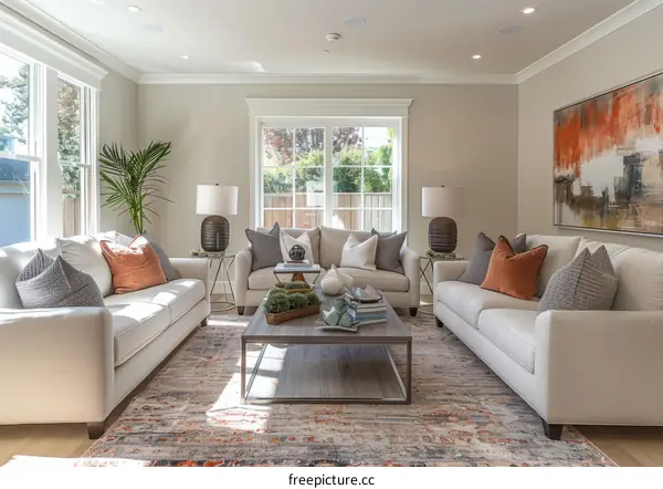 A living room with two sofas, a coffee table, and a rug