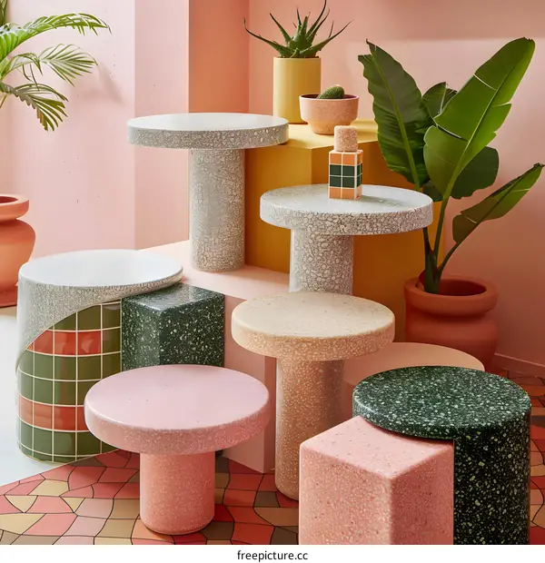 Modern Home Decor With Terrazzo Tables and Plants