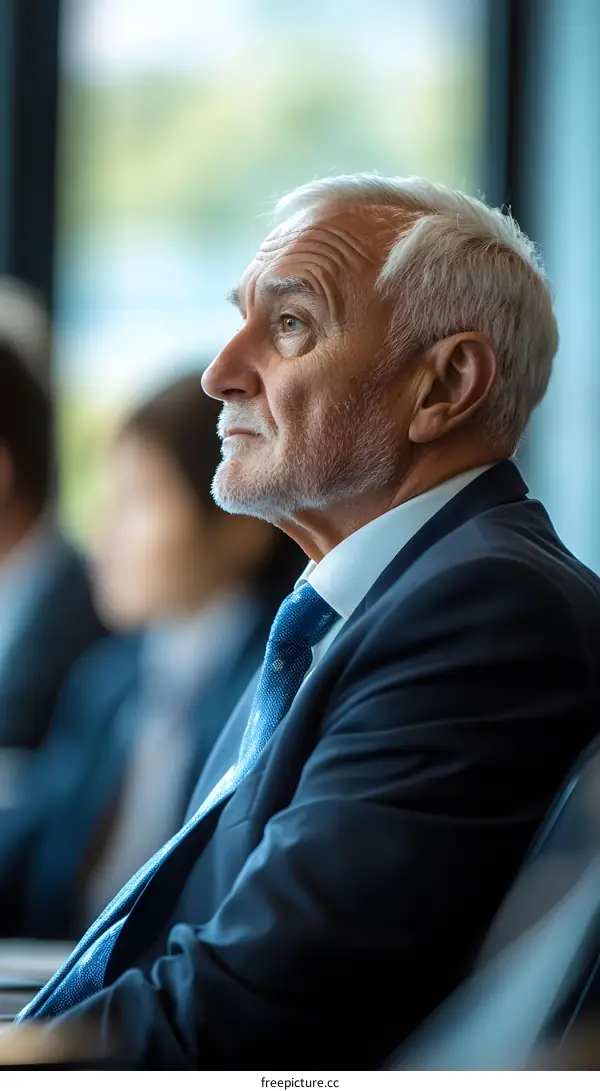 Elderly Man in Blue Suit and Tie Listening in a Conference