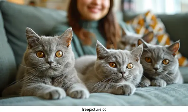 A woman is sitting on a couch with three British Shorthair cats.