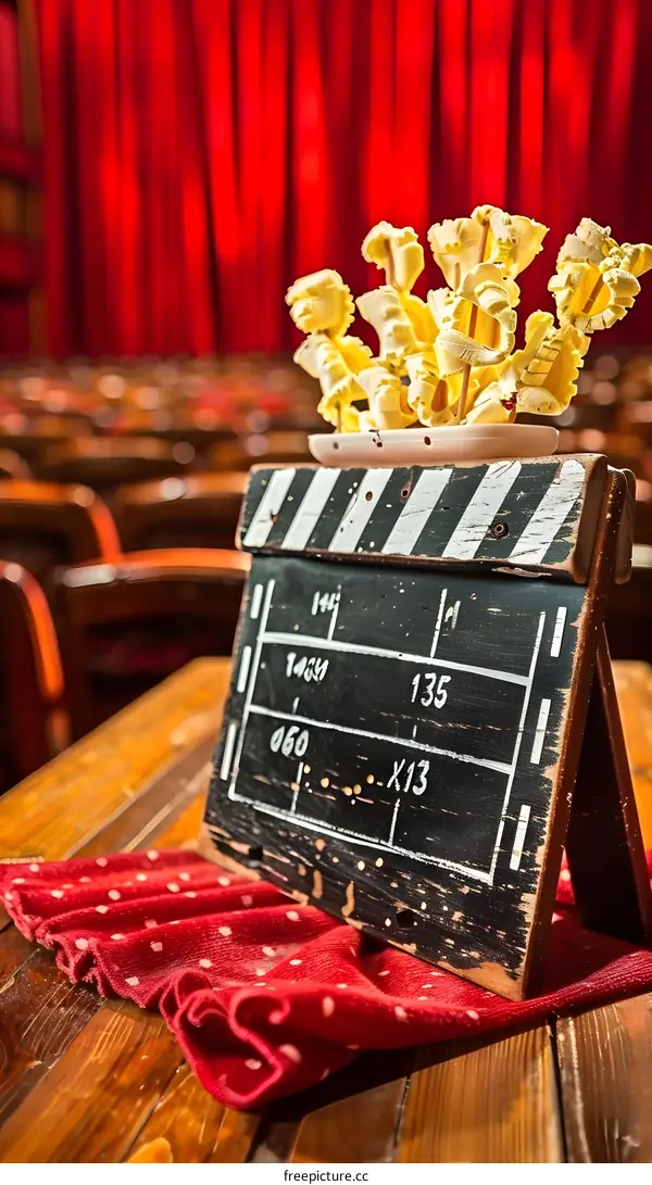 Vintage Movie Clapperboard On Wooden Table With Red Curtains In Background