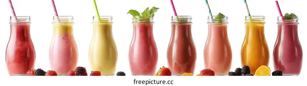 Assortment of Colorful Fruit Smoothies in Glass Bottles