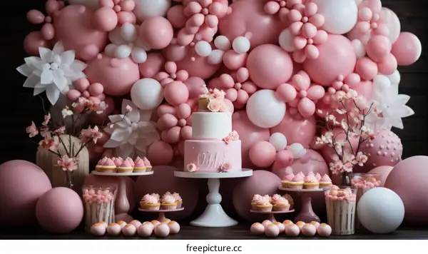 Pink and white balloons and flowers birthday party backdrop