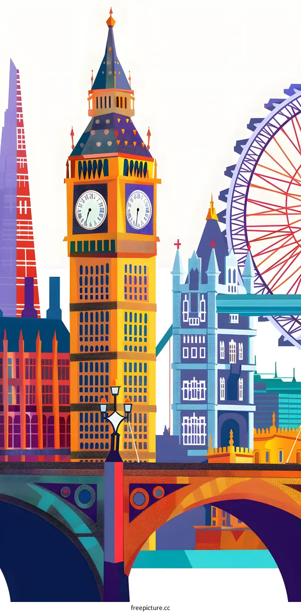 London Landmark Illustration with Big Ben Tower Bridge and London Eye