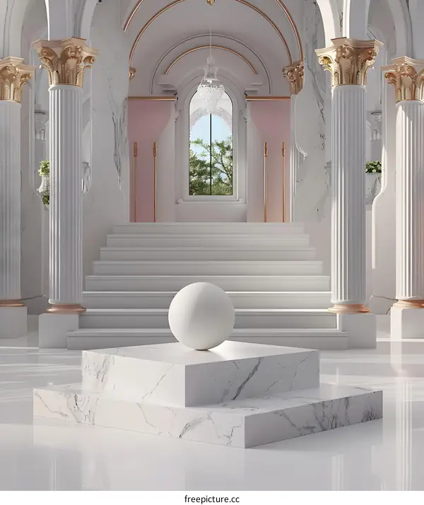 White Marble Room with Sphere and Stairs