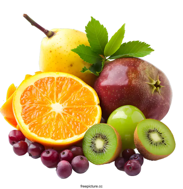 [Transparent Background PNG]Assortment of Fresh Fruits with Leaves on White Background