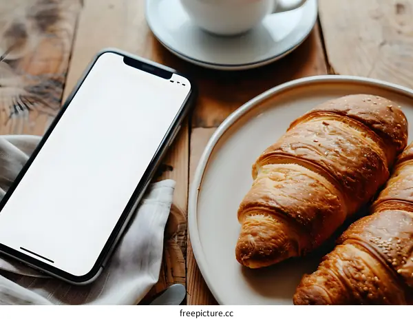 Croissants and Coffee on Wooden Table with Smartphone