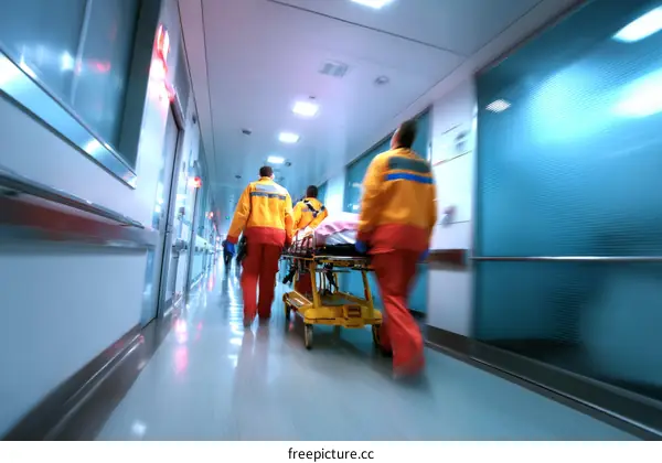 Hospital Emergency Medical Personnel Carrying Patient on Stretcher