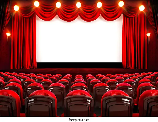 Empty Red Theater Seats Facing Blank Movie Screen