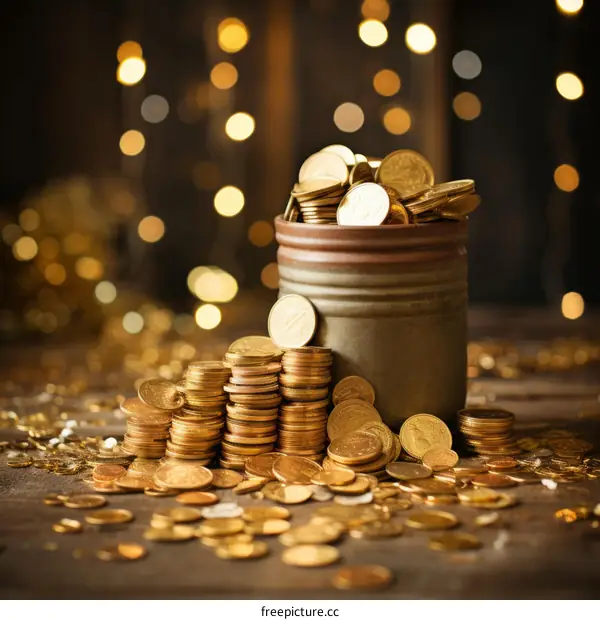 A clay pot filled with gold coins and stacks of gold coins beside it