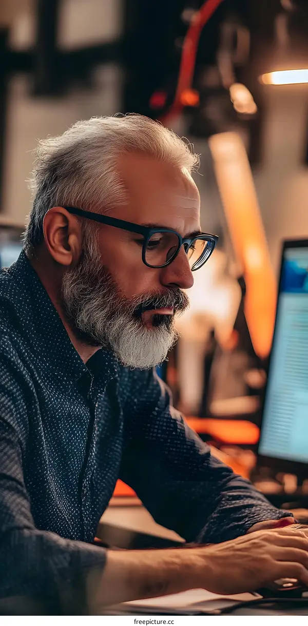 Senior Man Working at Computer in Office