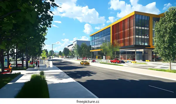 Modern City Street with Yellow Building