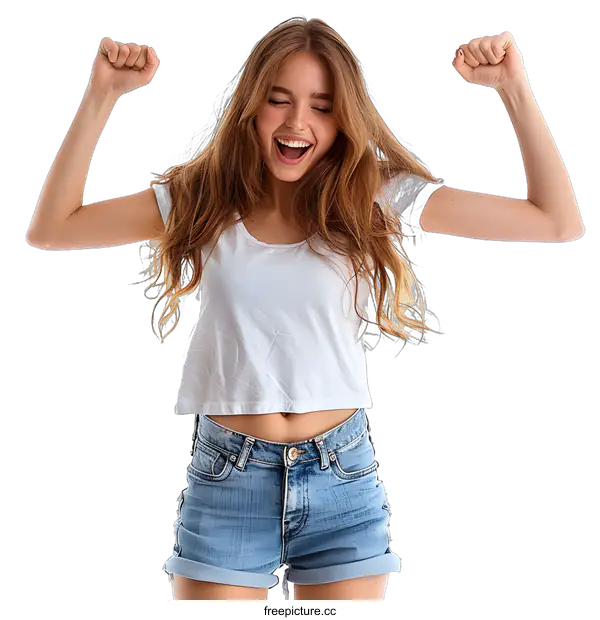 [Transparent Background PNG]A young woman with long blond hair is celebrating with her arms in the air