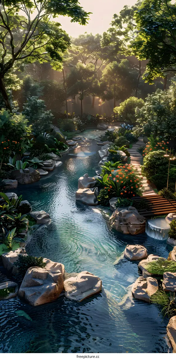 A碧绿的河流在茂密的森林中穿梭，两岸绿树成荫，鲜花盛开，还有一座木质的栈道沿着河岸延伸。