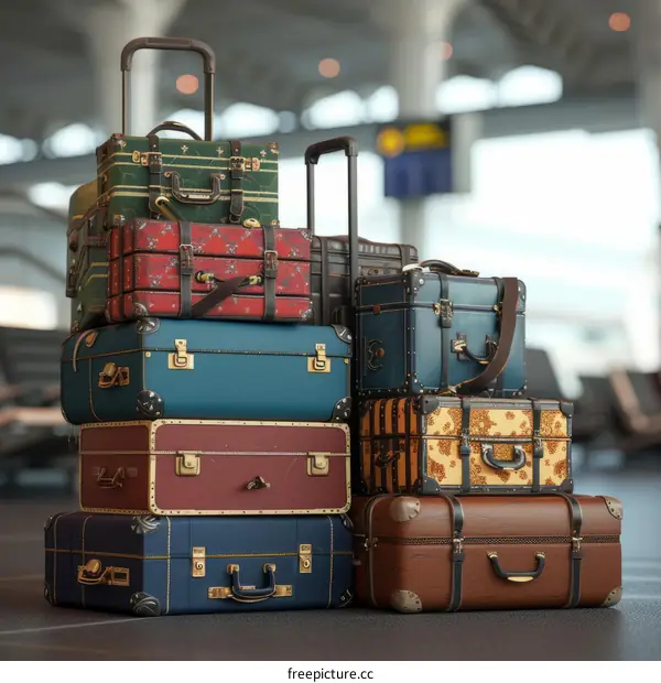 A stack of vintage suitcases in an airport