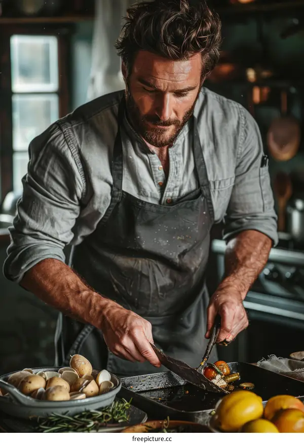 Focused male chef cooking in the kitchen