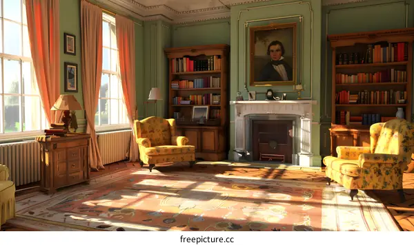Classical Library Room Interior Design With Sunlight And Two Armchairs
