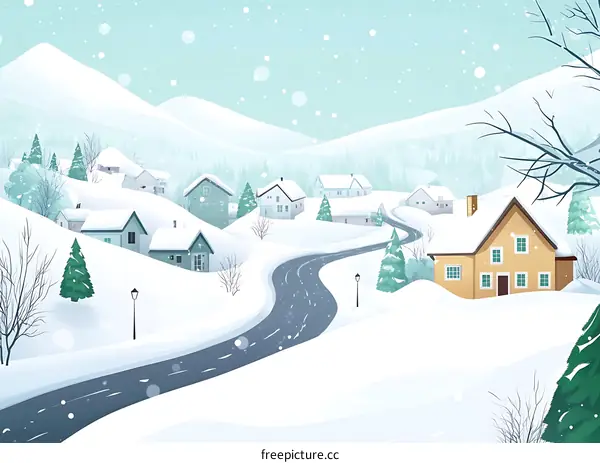 Snowy Winter Village Landscape with Road and Houses