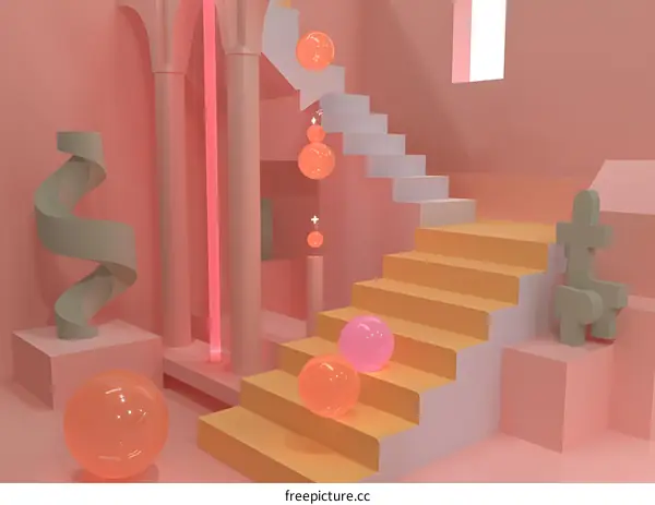 Abstract 3D Render of Staircase with Geometric Shapes in Pink and Yellow