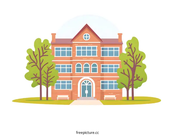 Red Brick Building with Two Trees on White Background